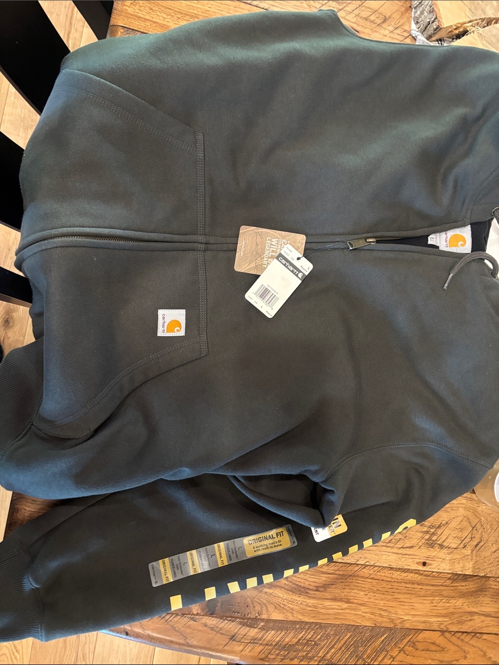 Carhartt Black Full-Zip Hoodie with Yellow Logo Striping